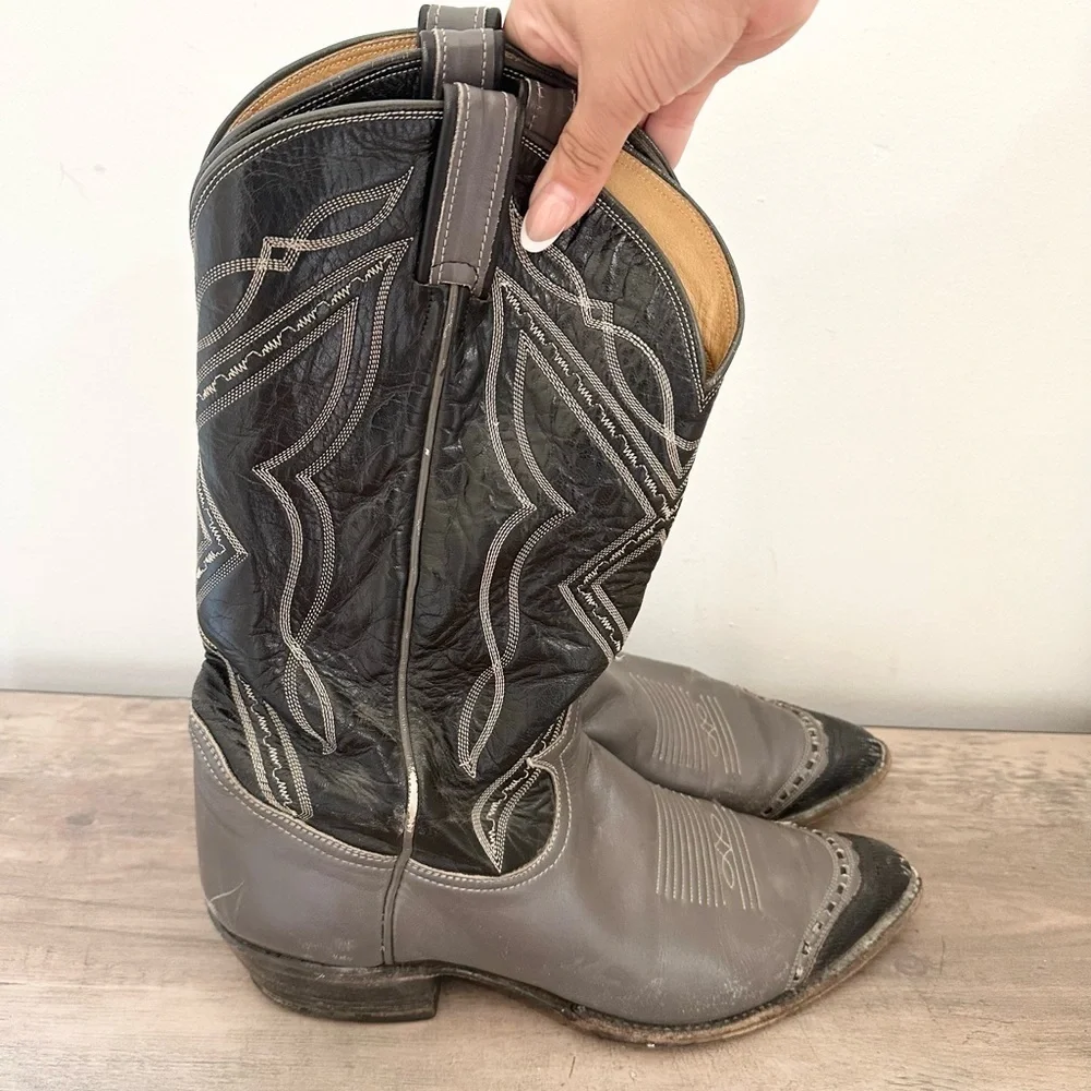 Vtg Tony Lama Two-Tone Cowboy Boots Mens 11B grey Lizard Wingtip GOLD LABEL